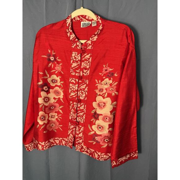 Chico’s Design Red Floral Top Women’s L – Asian Inspired Button Front Blouse - Picture 1 of 3